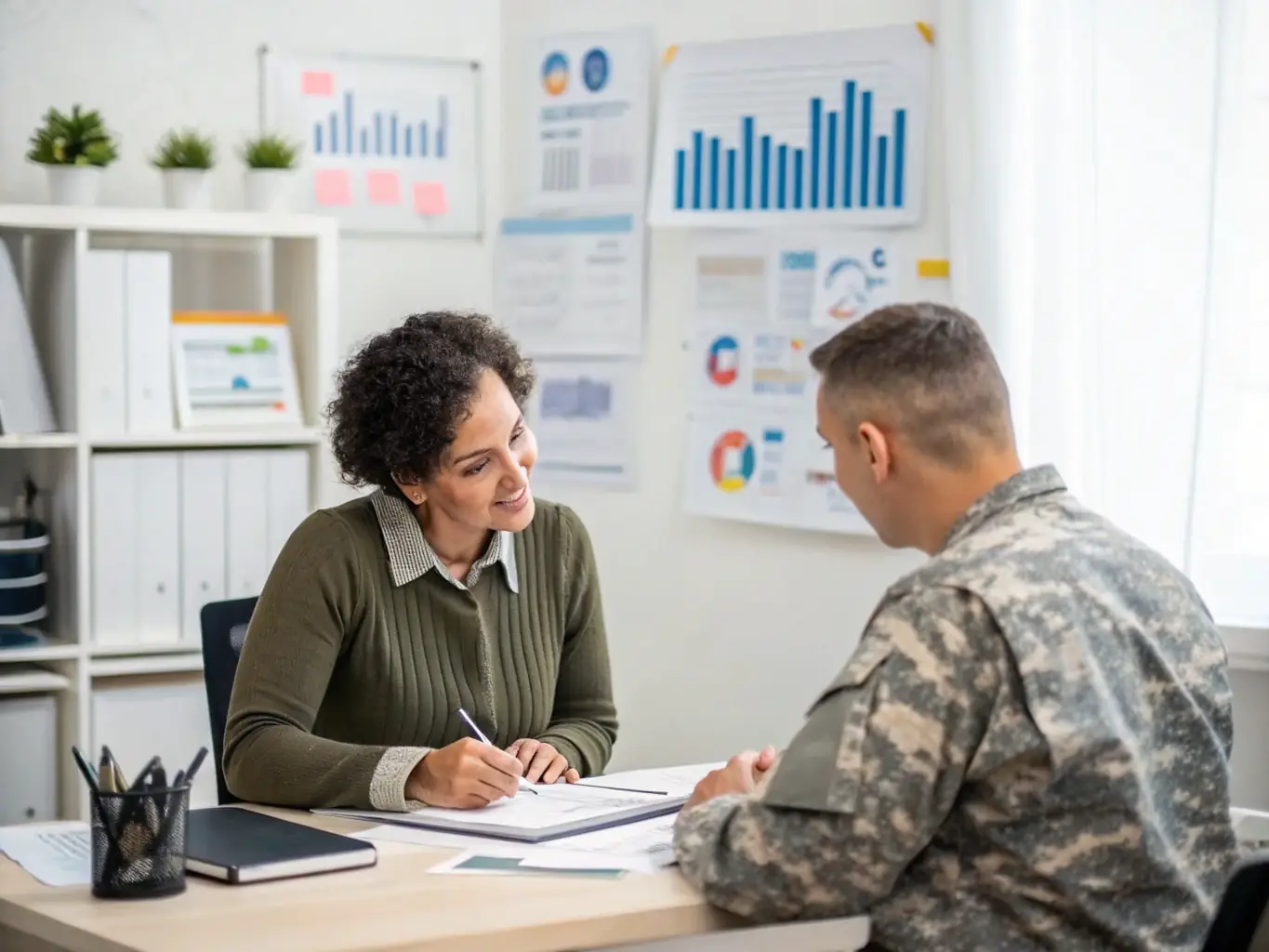 A veteran working with a financial counselor, discussing budgeting strategies, illustrating the financial literacy programs available.