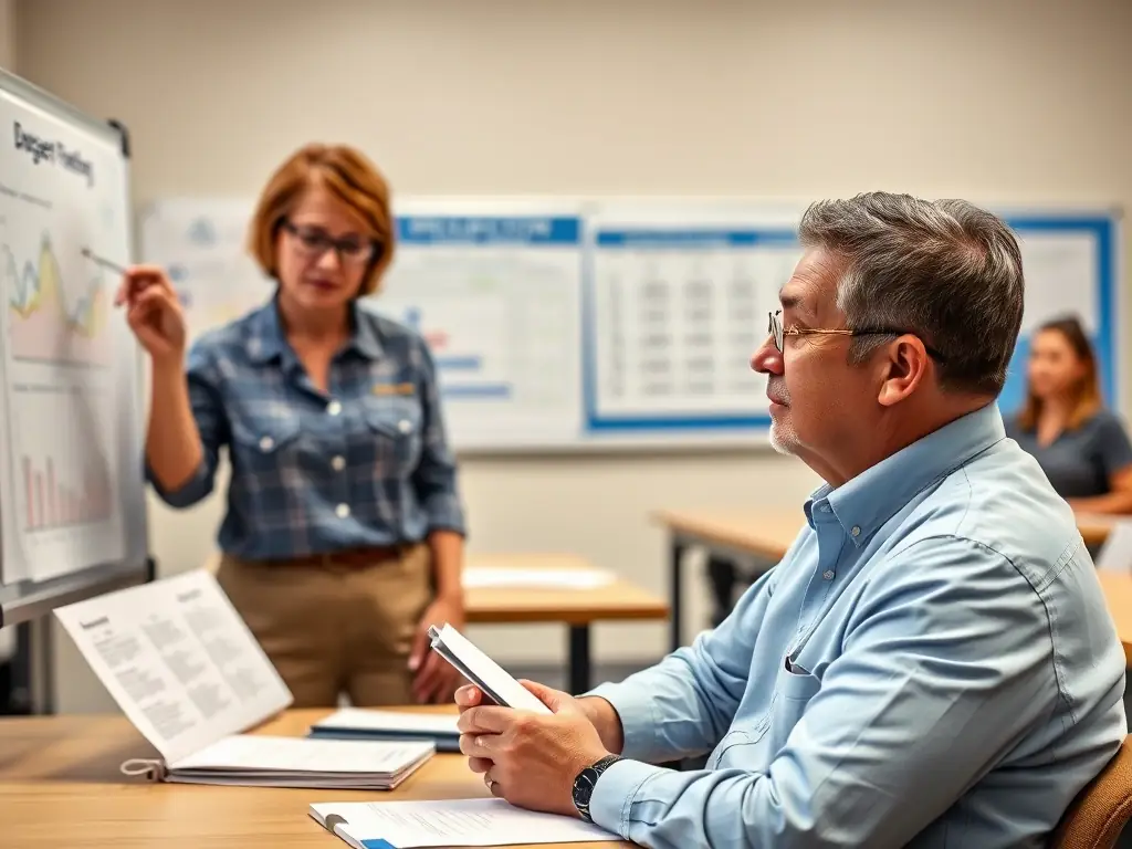 A veteran learning about budgeting and financial planning in a classroom setting, with an instructor explaining key concepts.