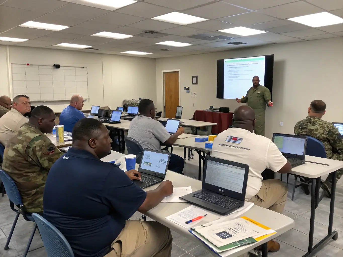 A group of veterans participating in a resume workshop, learning valuable job-seeking skills, representing the employment and career support services offered.