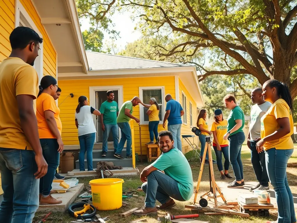 A photograph depicting a group of corporate volunteers working alongside veterans to renovate a house, symbolizing the collaborative efforts between Compassionate Homes for Veterans and its partners.
