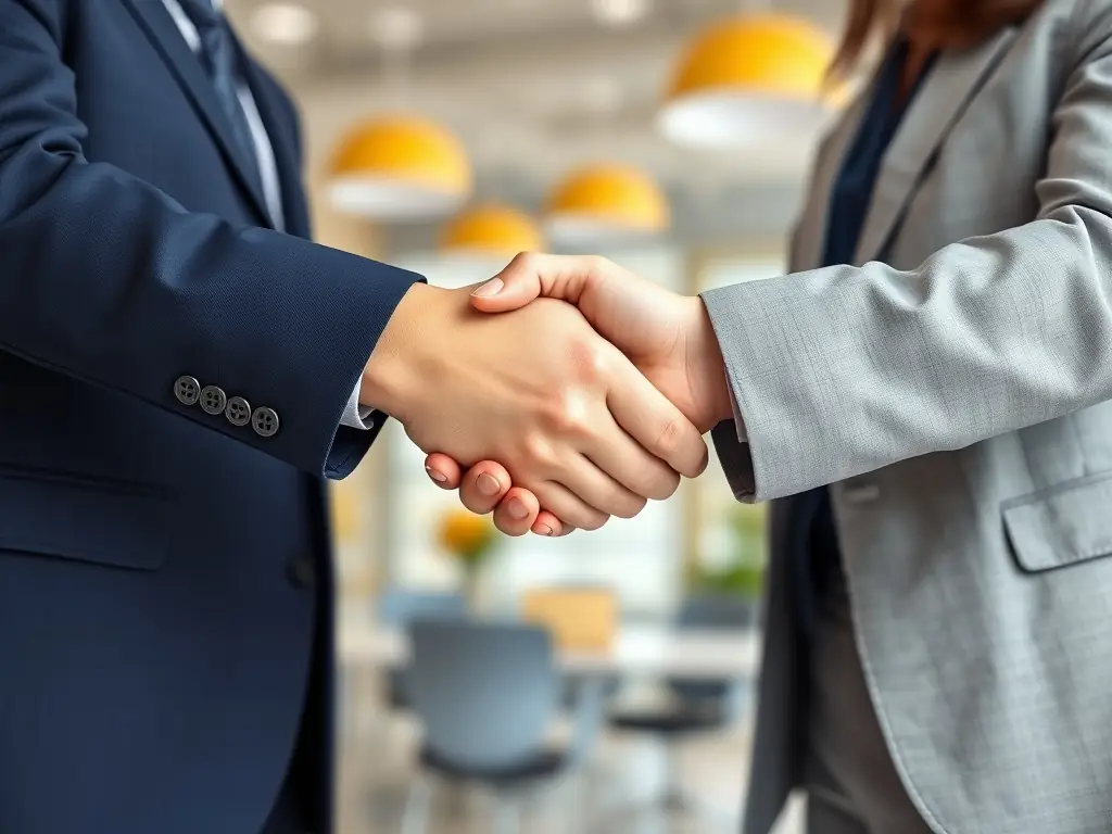 A photo of representatives from Compassionate Homes for Veterans and a partner organization shaking hands, symbolizing a successful collaboration and shared commitment to supporting veterans.